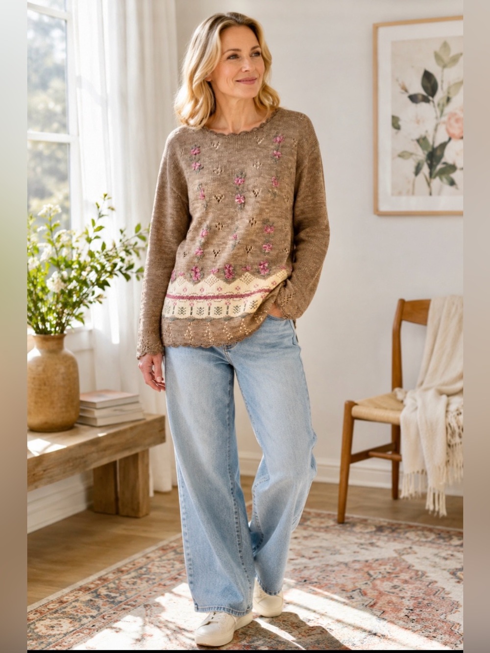 Vintage Ramie Cotton Brown Knit with Floral Embroidery Sweater